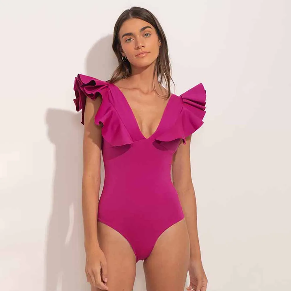 2024 V Yaka Düz Renk Fırfır Tek Parça Mayo Seksi Backless Kesme Bikini Zarif Çiçek Baskı Cover Up Şık Beachwear Kadınlar