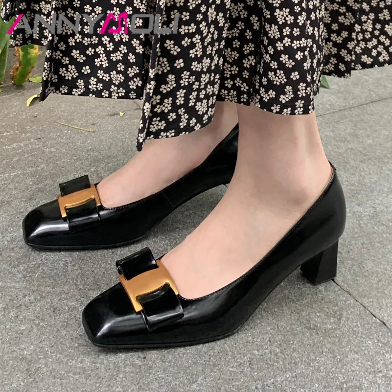 ANNYMOLI Pompaları Hakiki Deri Yüksek Topuklu Metal Dekorasyon Tıknaz Topuk Kadın Ayakkabı Yay Kare Ayak kadın ayakkabıları Bahar Siyah
