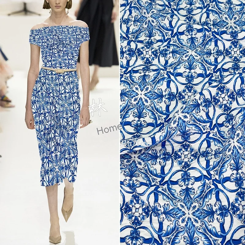 Avrupa Moda Mavi Çiçek Mavi İpek Pamuklu Kumaş Tasarımcısı Mavi Çiçek Elbise Gömlek DIY El Dikişli Kumaş