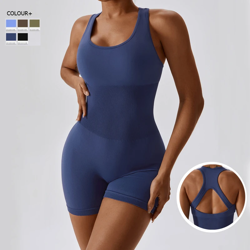 Dikişsiz Örme Spor Tulum Kadınlar Katı Renk Tek Parça Yoga Seti Süper Streç Slim Fit Kısa Spor egzersiz kıyafetleri