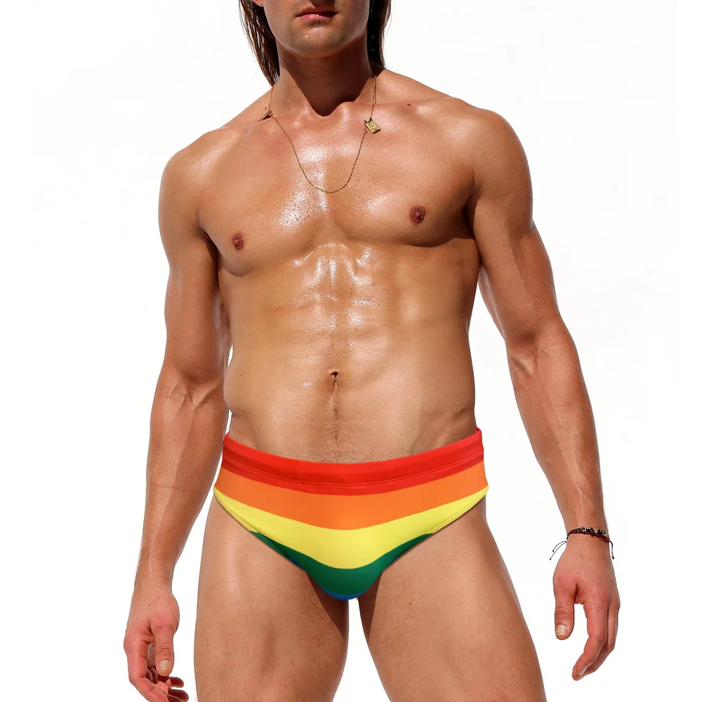 Gökkuşağı Çizgili Yüzmek Şort erkek Moda Dantel Up Elastik Bant İtme Pedi Külot Plaj Sörf Yüzme Tatil Hızlı Kuru Yüzmek Kısa