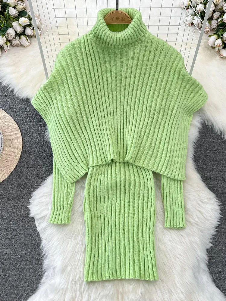 Kadın Sonbahar Kış Elbise Setleri Moda Pelerin Pelerin Iki Parçalı Set Uzun Kollu Yüksek Boyun Bel Örme Alt Wrap Elbise D5147