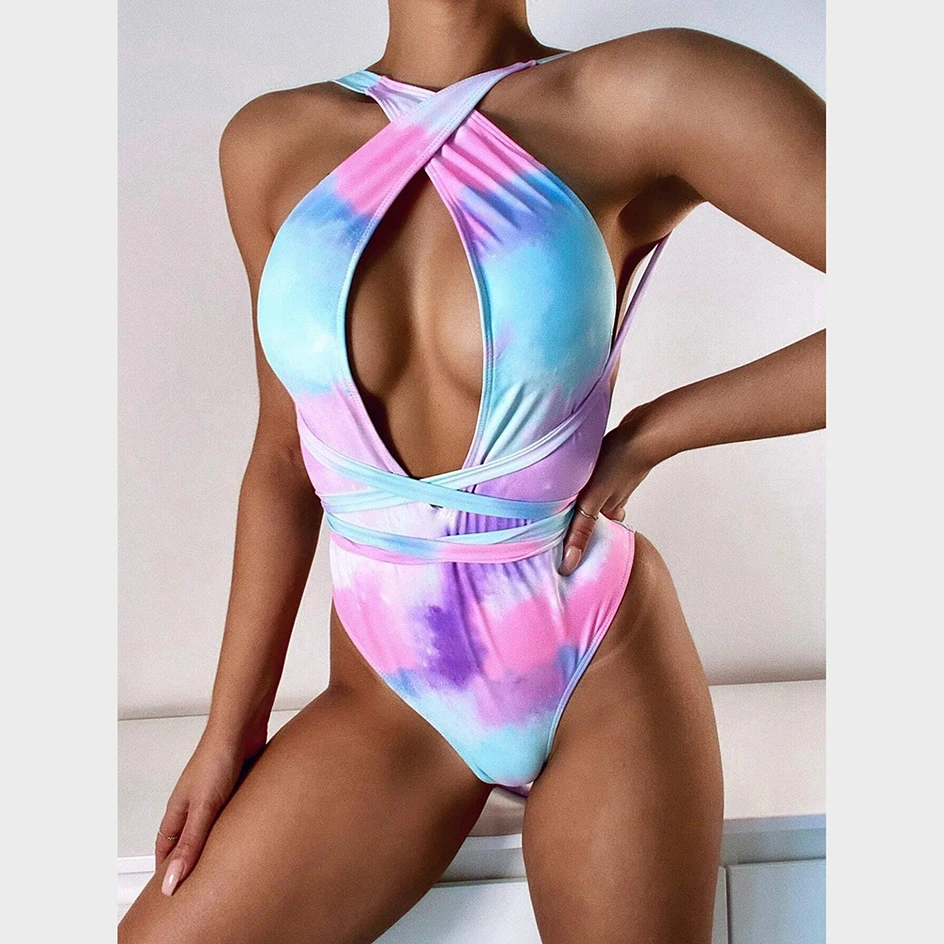 Mayo Kadınlar Tek Parça Mayo 2022 Seksi Batik Mayo Kadın Bodysuit Bandaj Çapraz Yüzme Plaj Kıyafeti Monokini