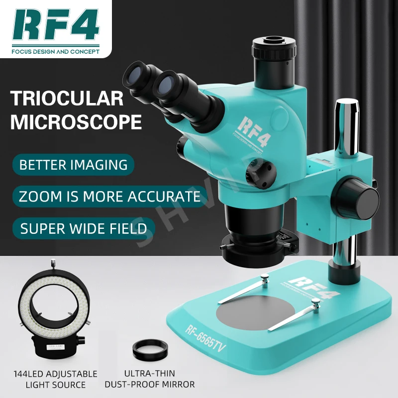 RF4 6.5 X-65X heykel kaynak takı optik Stereoskopik Triocular yakınlaştırmalı mikroskop RF6565TV-144LED ışık kaynağı