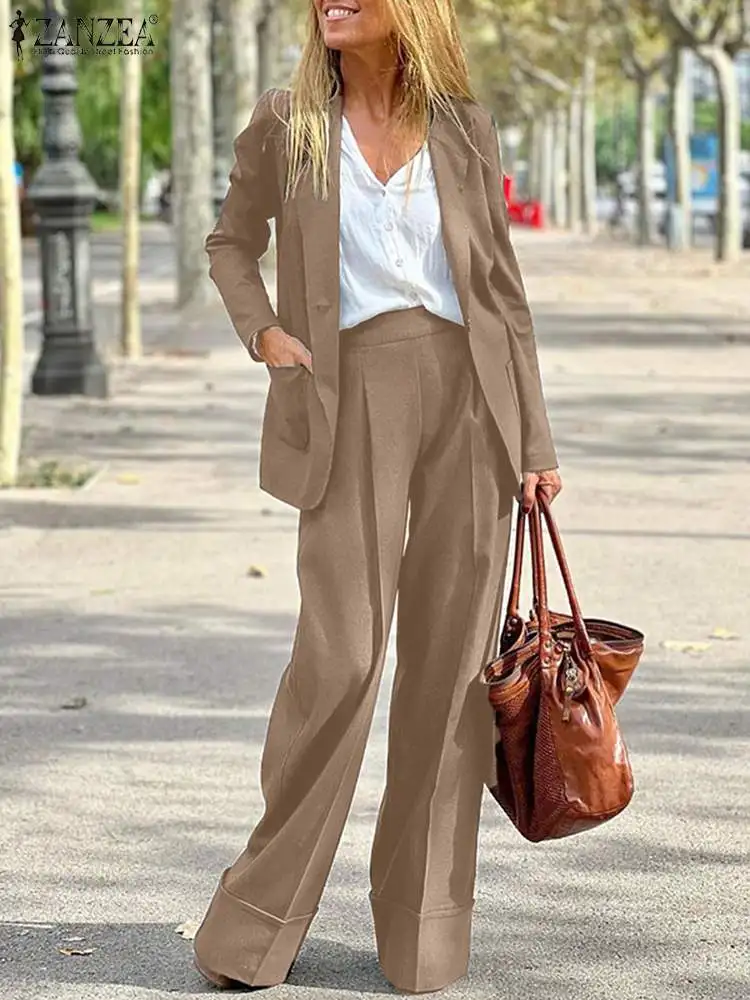 ZANZEA Kadın Vintage Kentsel Eşofman Moda OL Setleri 2 adet Uzun Kollu Yaka Boyun Blazer Geniş Bacak Pantolon Kadın Zarif Düz Takım Elbise