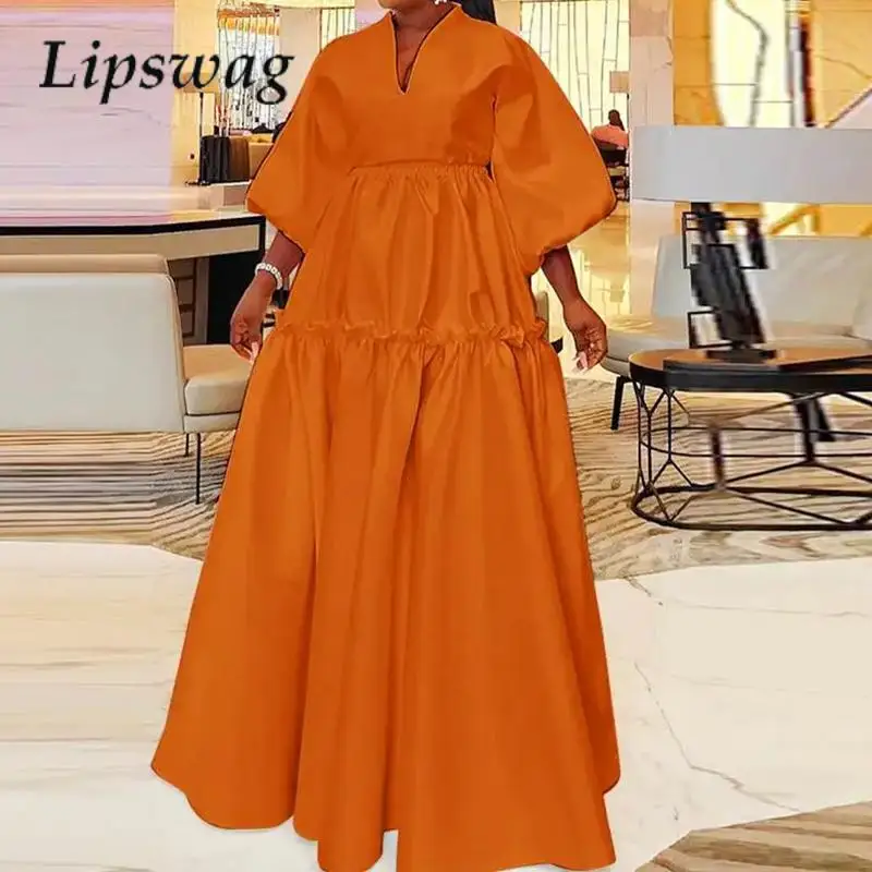 Zarif Düz Renk Büyük Hem Parti Elbise Kadın V Yaka Yarım Kollu Ekleme Kabarık Elbise Sonbahar Rahat Gevşek uzun elbise Vestidos